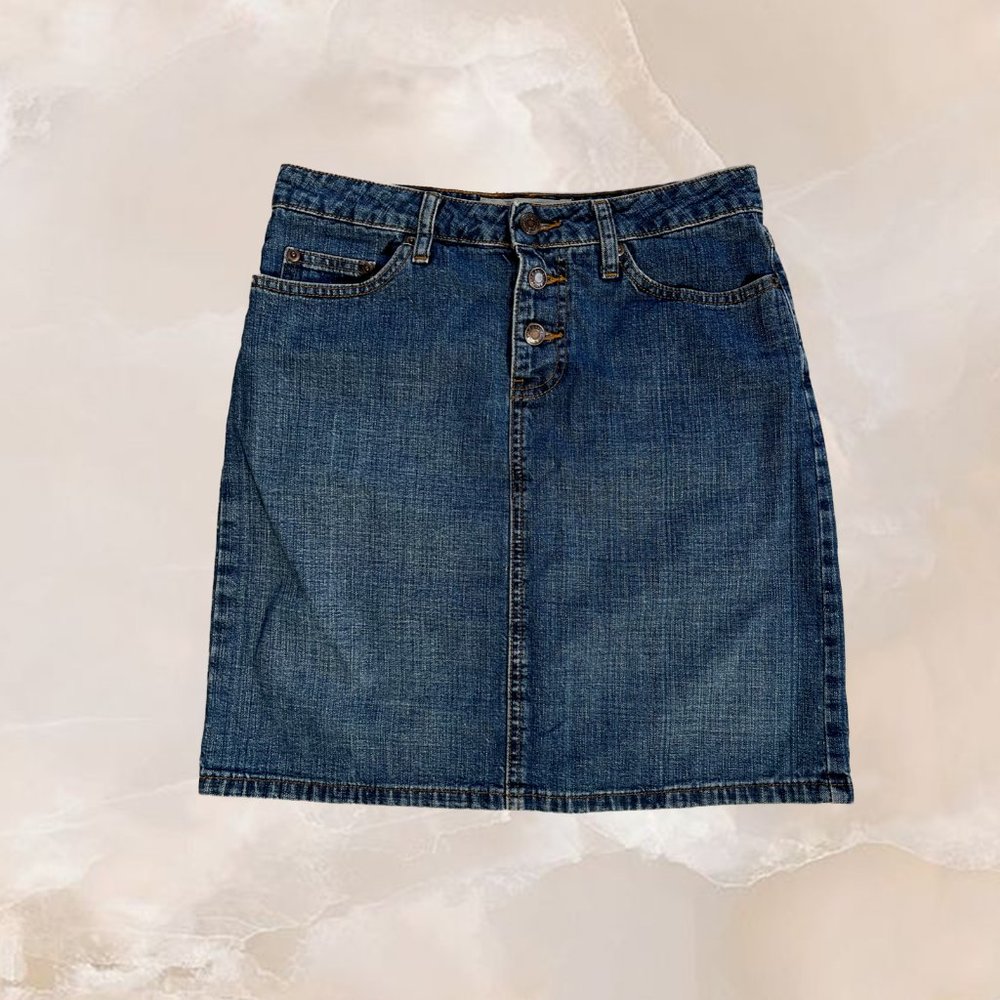 OLD NAVY Vintage Denim Blue Jean Midi Skirt Y2K 2002 Medium Wash Button Fly Sz 2